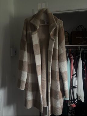 Source Unknown Plaid Open-Front Long Cardigan - Cream & Tan